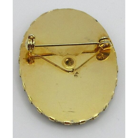 Vintage Green Ceramic Gold Floral Brooch Oval Scalloped Edge Mid Century Pin - Picture 4 of 6